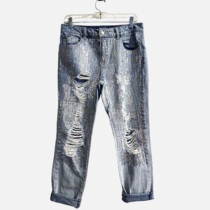 FOREVER 21 IRIDESCENT SEQUIN TAPPERED LEG JEANS DISTRESSED LOOK SIZE M